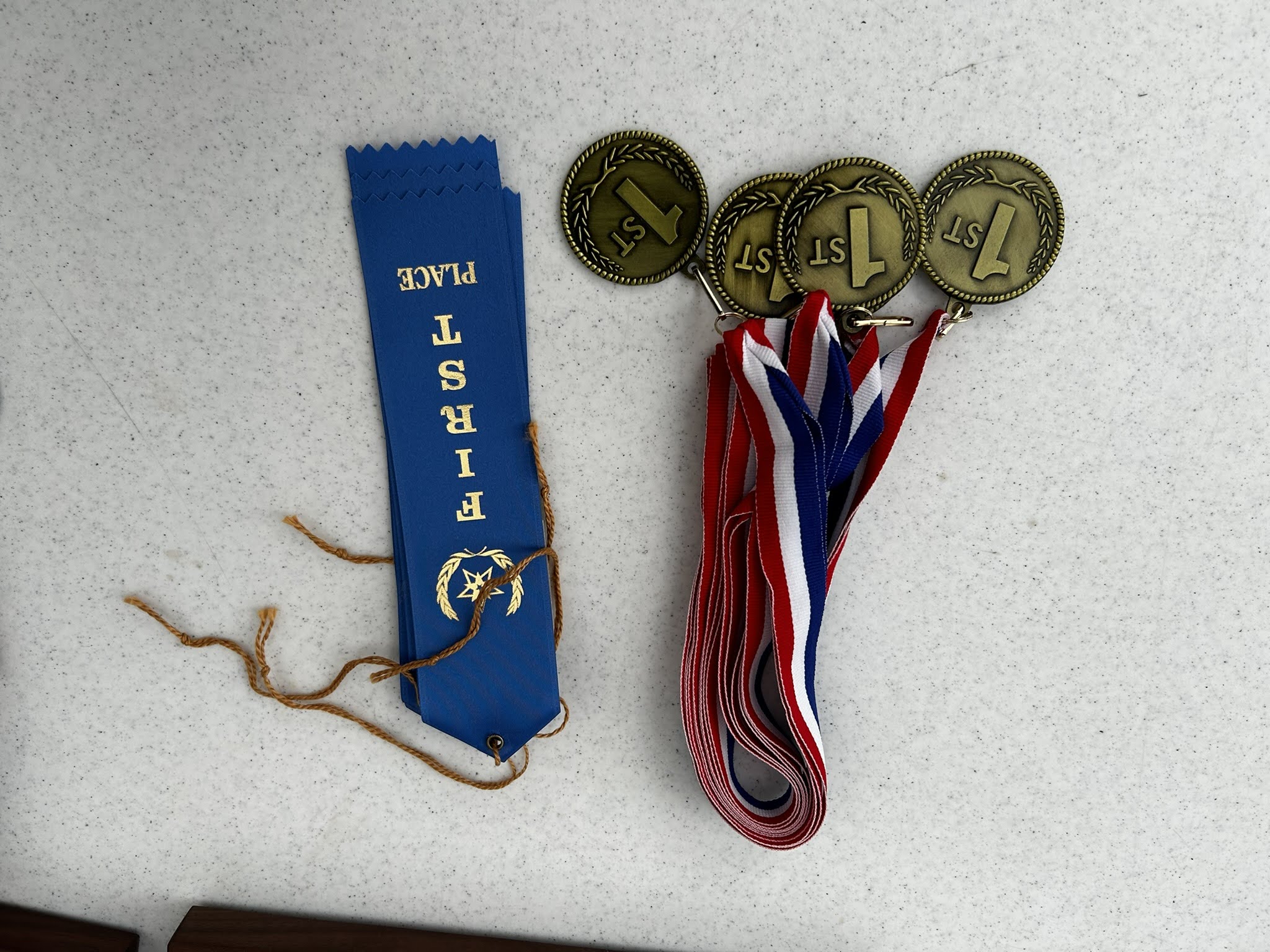 Photo shows first place metals and first place blue ribbons.